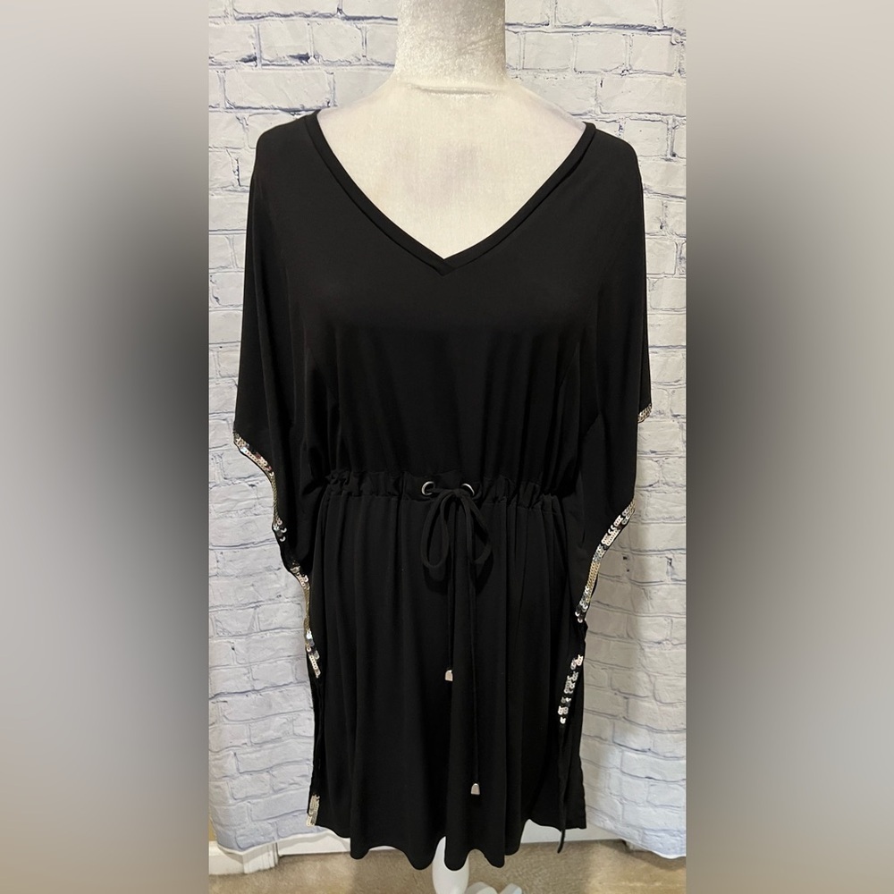 Spense Petite Black V-Neck Short Sleeve Tunic Sequin Lined Shirt Dress Size 10p